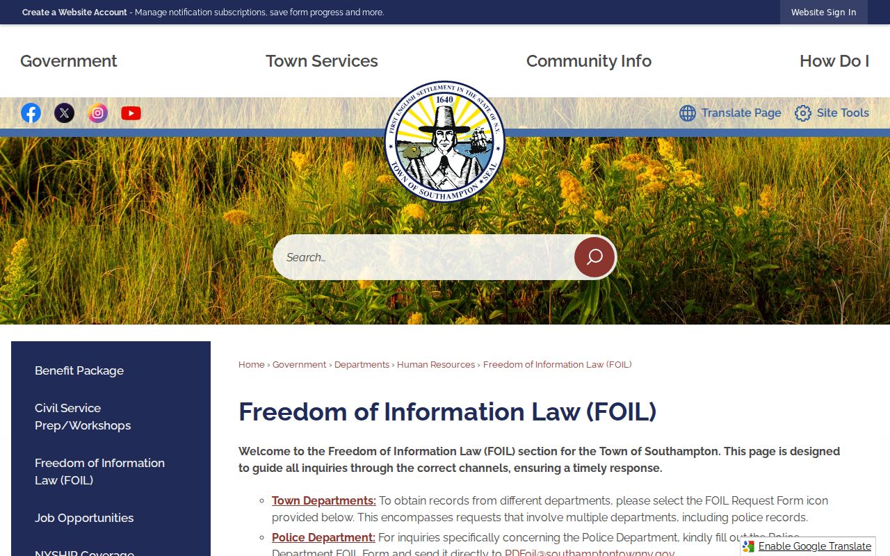 Southampton residents directory Town FOIL request route